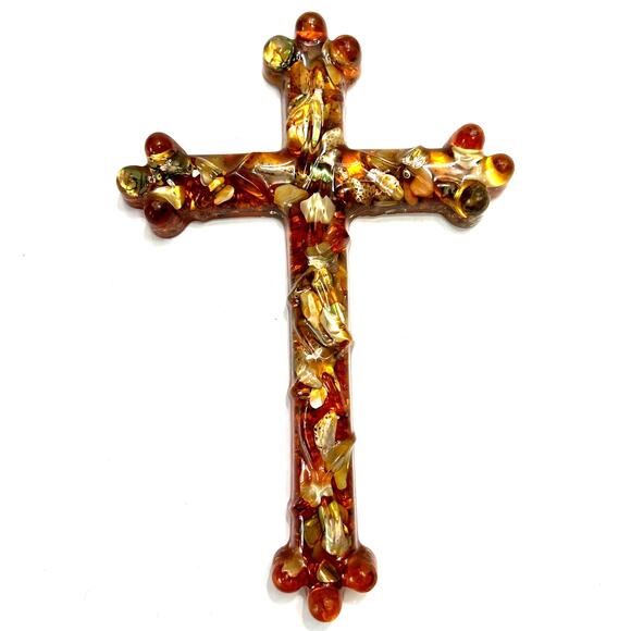Vintage Amber Toned Lucite Cross With Embedded Shells - Picture 1 of 7